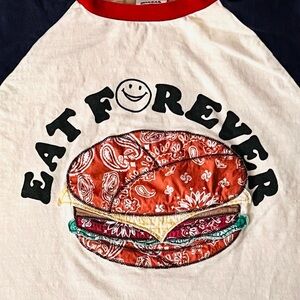 Eat Forever Kids Raglan Tee hamburger embroidered from multiple bandana fabric